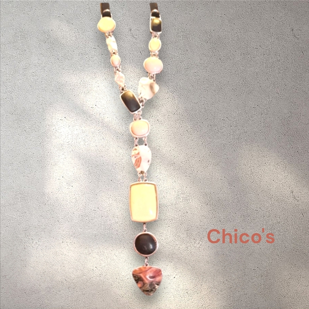 Chico’s stone/fabric Y-Necklace adjustable length silvertone gemstone designer